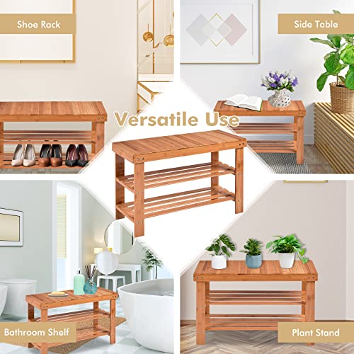 Giantex 3 Tier Shoe Rack Bench, Premium Natural Bamboo Bench with 2 Slatted Shelves, 120 kg Weight Capacity, Entryway Bench Shelf with Storage Holds up to 6 Pairs, for Hallway Living Room (Natural)