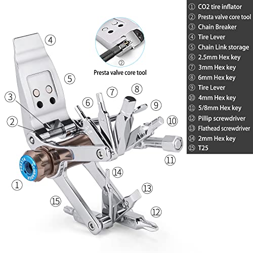 Bike Multitool with CO2 Inflator & Tire Levers - Portable Bicycle Multi Tool Repair Kit - Cycling Multitool for Road and Mountain Bikes,No CO2 Cartridges Included