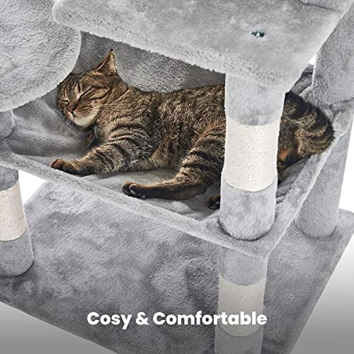 Floofi Cat Tree with Scratching Post & Interactive Cat Toy, Multi-Level Tower & Play House Suitable for Indoors (118 cm, Light Grey Plush Cat Condo)
