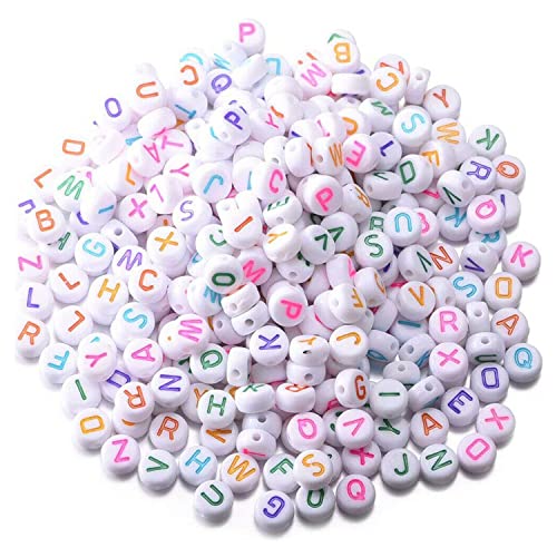 White Flat Round Acrylic Alphabet Beads 350pc Cubes White/Col Letters Kids Jewellery Party Mixed A-Z Colorful Letter Pattern Disc Coin Pony Beads Loose Spacer Beads for DIY Friendship Name Necklace Bracelet Jewelry Making