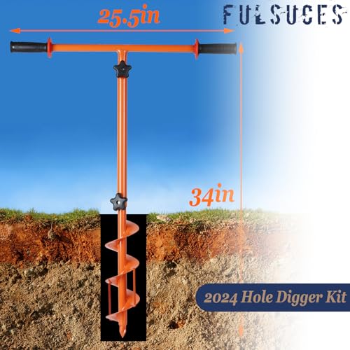 2023 Hole Digger Kit - 25.5×34In Hand Auger Post Hole Digger with A Hole Augers 3.95", Adapter, Gloves, Non-Slip Handles, And Plant Labels, For Flower, Tree, Seedlings, Umbrella, Fence Holes, Orange