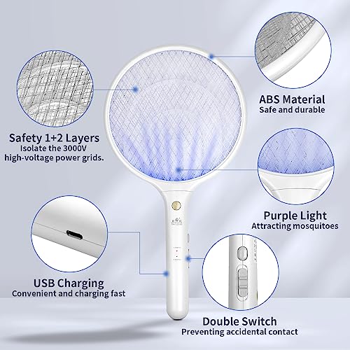 Electric Fly Swatter ValueHall Bug Zapper Racket USB Rechargeable Mosquito Zapper Fly Zapper Racket with Base, LED Trapping Light and 3 Layers Mesh Fly Killer for Indoor, Outdoor Pest Control V1F02