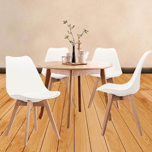 CangLong Modern Dining Chair Set, Soft Padded Shell Chair with Wood Legs for Kitchen, Dining, Bedroom, Living Room - Set of 4, White