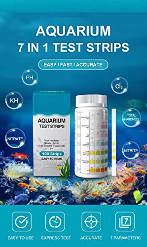 Gingersun 7 in 1 Aquarium Test Kit, Fish Tank Test Strips, 100 Strip Pack，Freshwater Aquarium Test Kit to Detect pH Nitrite Nitrate Chlorine Carbonate Total Alkalinity Hardness