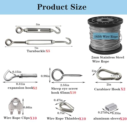 1/16 Wire Rope Kit 304 Stainless Steel Wire Cable, 7x7 Strand Core 165ft Vinyl Coated Aircraft Cable with Turnbuckle Wire Tensioner,Crimping Loop Sleeve for String Light Hanging,Garden Wire