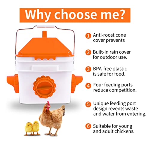 GUEOQTC 10 Pounds Chicken Feeder with 4 Ports, Rainproof Poultry Feeder for Up to 10 Adult Chickens or 15 Chicks(Orange) (OR-CF-8L)