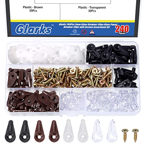 Glarks 240Pcs 4 Colors 5mm Glass Retainer Clips with Screws Kit, Clear/White/Black/Brown Plastic Panel Window Screen Cabinet Door for Fixing Mirror Doors, (G-2710)