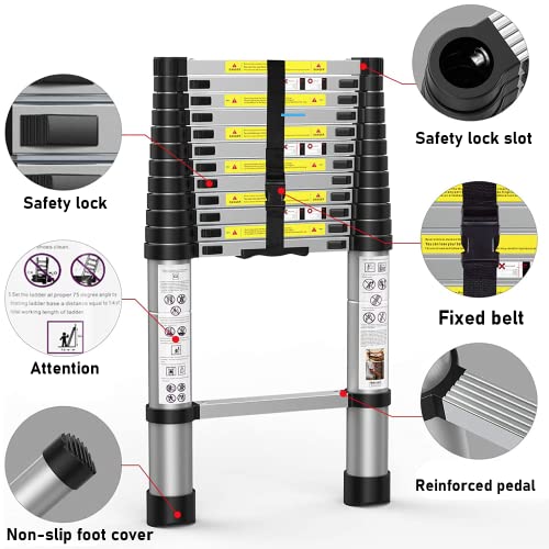 3.8M/12.5FT Telescopic Aluminium Ladder with Safety Hooks, Extension Compact Ladder Lightweight Folding Collapsible Ladder, Heavy Duty Non Slip Extend Climb Ladder, Independent Height Locking