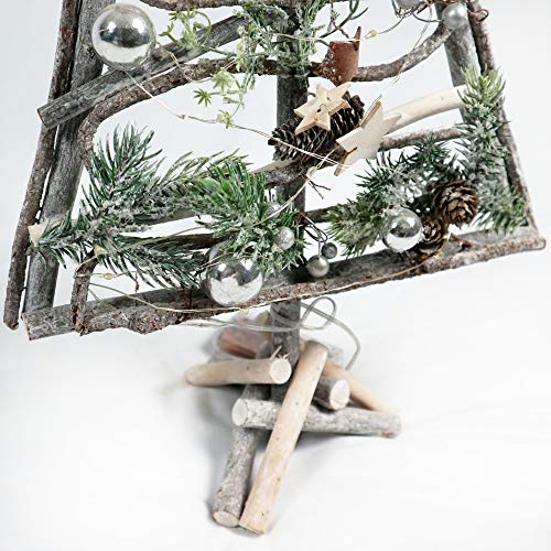 SHATCHI Christmas Pre-Lit Warm White LED Frame Tabletop Centrepiece Decoration with Pinecones and Baubles Holiday Home Décor Star/Rectangle, Wood, Wooden Tree, 48 X 28 CM