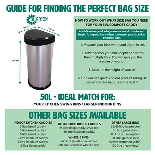 50 Litre x 50 bags Compost Bag Compostable Kitchen Bin Liners - Food Waste Bin Liners - EN 13432 - Compost Bag 50L Swing-Bin Bags with Composting Guide