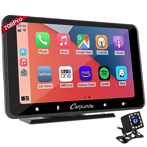 [2023 Upgrade] Carpuride W708 Pro with Wireless Bluetooth Transmission Portable Apple Carplay & Andorid Auto, 7 inch 1080P Touch Screen, Mirror Link/GPS/Siri/FM/Google, with Backup Camera