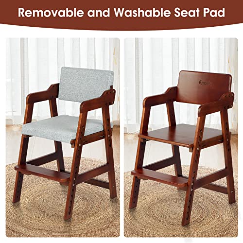 Ezebaby Wooden High Chair for Toddlers to Teens, Adjustable Kids Study Chair with Steps, Kids Dining Chair with Removable Cushion (Nut-Brown)