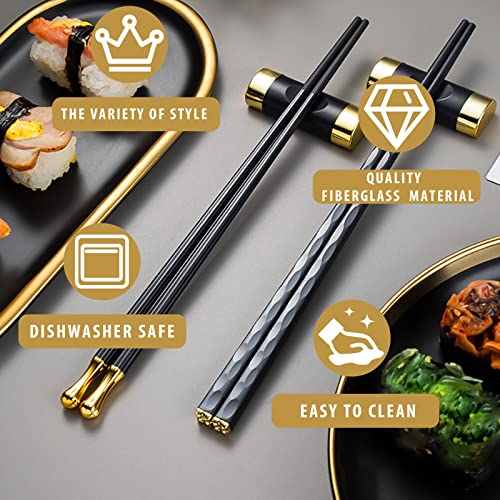 Chopsticks Reusable Dishwasher Safe, 9.6 inch/24.3cm Matte Non-Slip Japanese Chinese Chop Sticks, Fiberglass, Black&Gold-5 Pairs