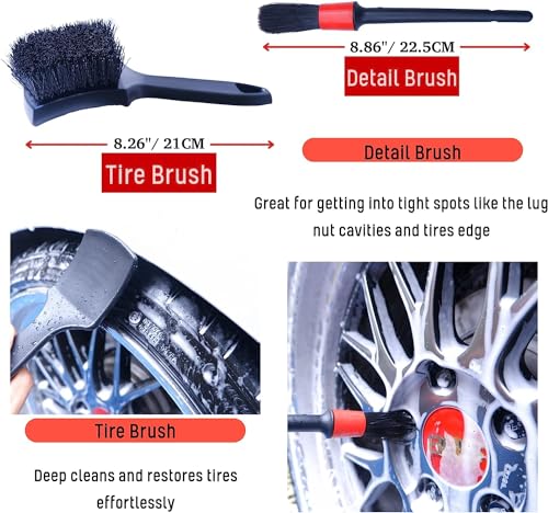 Epzia 4 Pack Long Handle Car Cleaning Kit Wheel Brush Kit - 2X Soft Wheel Woolies Cleaning Brush, Detailing Brush and Stiff Tire Brush, Bendable& Durable Wheel Rim Car Wash Kit