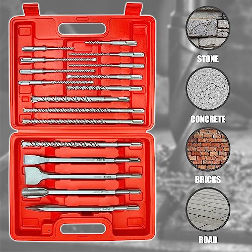 TOPEX 17 Piece SDS Plus Rotary Hammer Drill Bits Set & Chisel Bits Hole Tool Set Drilling Bricks, Concrete, Wall,Stone