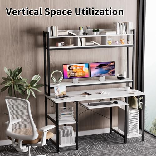 Desk with Hutch, 70 inch High 53 inch Width, Heavy Duty Computer Desk with Keyboard Tray and Storage Shelves Bookshelves, Easy Assemble - Color Black and White