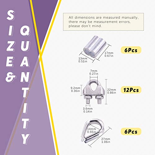 Swpeet 24Pcs M4 (3/16") Wire Rope Accessory Set, Included M4 Wire Rope Cable Clip Clamp, M4 Stainless Steel Thimble, 4mm Aluminum Crimping Loop Sleeve Perfect for 1/8 inch Wire Rope Cable