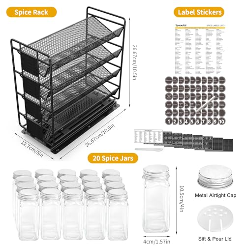 Spice Rack with 20 Jars,Metal Pull Out Spice Cabinet Storage Shelf 4 Tier Slide Seasoning Organizer Kitchen Storage Rack for Cabinet,Countertop,Pantry,Cupboard (Left Facing)