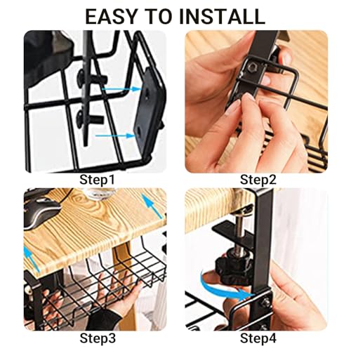 iXTRA Under Desk Cable Management Tray No Drill Steel Desk Cord Management Box with Clamp, Under Table Wire Organizer Tray Cable Organizer Rack Basket for Office & Home Standing Desk