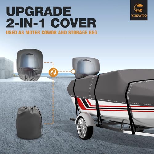 VINPATIO 600D Boat Cover 23-24 ft Bass Boat Cover with Boat Motor Cover, Heavy Duty Boat Covers 100% Waterproof Marine Grade Trailerable Boat Cover Fits V-Hull Runabout Fishing Boat Bass Boat, Grey