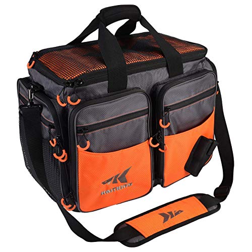 KastKing Fishing Tackle Bags, Fishing Gear Bag, Saltwater Resistant Tackle Bag, Large-Lunker (Without Trays, 19.7x13x10.6 Inches), Orange