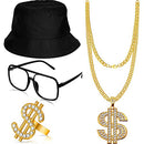 AUTOWT 4 Pieces Hip Hop Costume Kit, 80s 90s Rapper Accessories, Bucket Hat, Sunglasses, Gold Chain, Ring for Men and Women Party Supplies