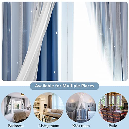Loyala Star Curtains, Blackout Curtains for Bedroom, Cute Curtains, Kids Blackout Curtains, Double Layer Curtains, Light Blocking Curtains 63 Inch Length 2 Panels, Blue Curtains, 52 X 63 Inches