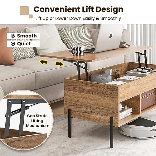 Giantex Lift Top Coffee Table, Rising Center Table with Large Hidden Compartment, Lifting Tabletop and 3 Open Cubbies, Cocktail Snack Table with Large Storage, Modern Living Room Table, Natural