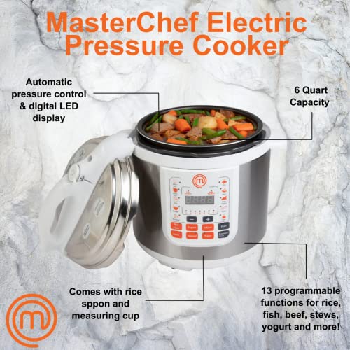 MasterChef 13-in-1 Pressure Cooker - 5.6L Digital Electric Multi Cooker with 13 Programmable Functions - High and Low Pressure Cooking Options, LED Display, Delay Timer and Non-Stick Cooker