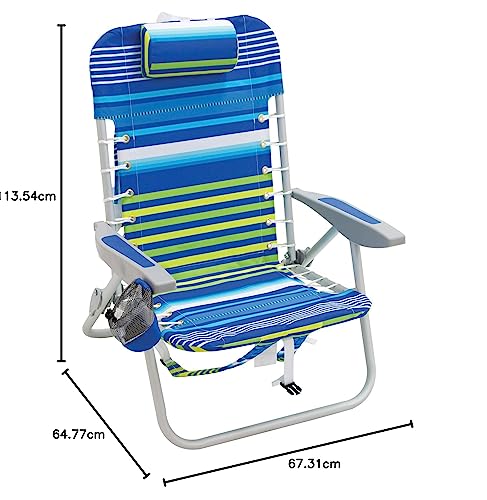 Rio Brands Beach 4-PRio Beach 4-Position Backpack Lace-Up Suspension Folding Beach Chair - Blue/Green Stripe, 24" x 24.75" x 33"