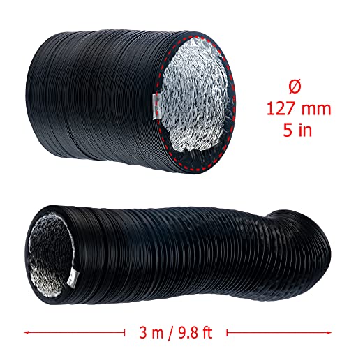 Ø 125mm / 3m Black Flexible Exhaust Hose with Aluminium Insulation - Ø 5'' / 10ft Air Conditioner Hose - Flexible Pipe