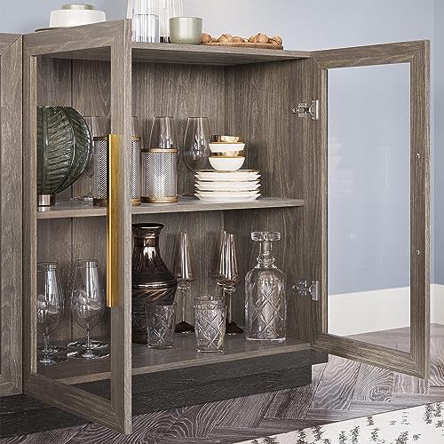 BELLEZE Sideboard Buffet Cabinet, Modern Wood Glass-Buffet-Sideboard with Storage, Console Table for Kitchen, Dinning Room, Living Room, Hallway, or Entrance - Brixston (Brown)