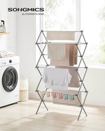 SONGMICS Foldable Clothes Drying Rack, Laundry Drying Rack, Clothes Airer, Steel Frame, 14.6 x 29.5 x 53.2 Inches, Easy Assembly, Indoor Outdoor Use, Gray ULLR770G01