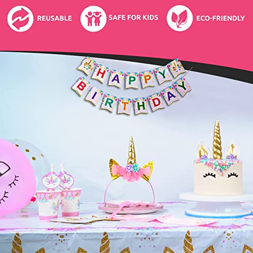 Value Smash Unicorn Party Supplies 24 guests for girls with Birthday Banner, Unicorn Cake Topper, Headband & Sash, Dinning & Dessert plates, Tablecloth, Cups, Forks & Spoons Set, 15 balloons