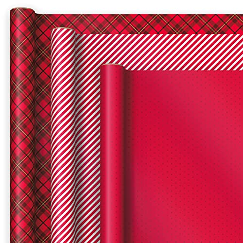 Hallmark Holiday Wrapping Paper with Optional DIY Bow Templates on Reverse (3 Rolls: 120 sq. ft. TTL) Red Plaid, Stripes, Polka Dots for Christmas, Valentines Day, Birthdays, Graduations