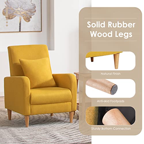 COLAMY Modern Upholstered Accent Chair Armchair with Pillow, Fabric Reading Living Room Side Chair,Single Sofa with Lounge Seat and Wood Legs,Yellow