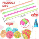 Eaasty 50 Sets Summer Snow Cone Cups and Spoon Straws with 50pcs Paper Umbrellas Kit, Small Leakproof Reusable Plastic Cups for Shaved Ice Snack Ice Cream Bowls for Holiday Party, 4 oz