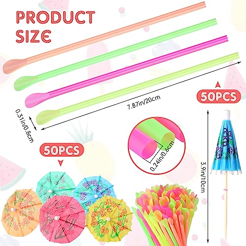 Eaasty 50 Sets Summer Snow Cone Cups and Spoon Straws with 50pcs Paper Umbrellas Kit, Small Leakproof Reusable Plastic Cups for Shaved Ice Snack Ice Cream Bowls for Holiday Party, 4 oz