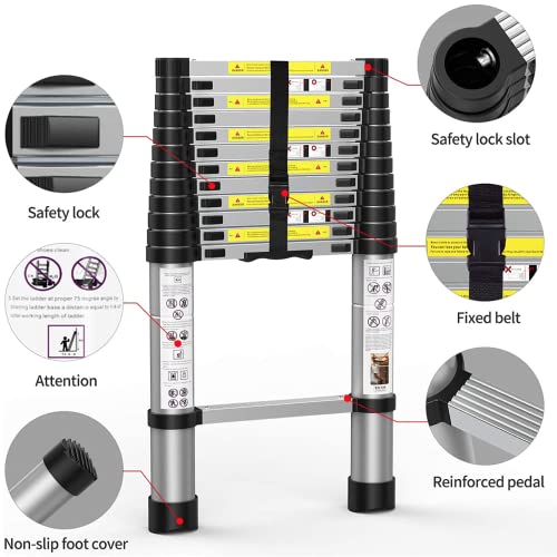 3.8M/12.5FT Telescopic Aluminium Ladder, Independent Height Locking, Extension Compact Ladder Lightweight Folding Collapsible Ladder, Heavy Duty Non Slip Extend Climb Ladder