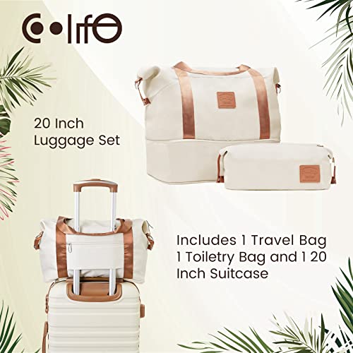 COOLIFE Suitcase Trolley Carry On Hand Cabin Luggage Hard Shell Travel Bag Lightweight with TSA Lock,The Suitcase Included 1pcs Travel Bag and 1pcs Toiletry Bag (White, 20 Inch Luggage Set)