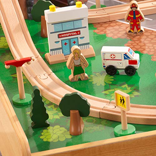 KidKraft Adventure Town Wooden Train Table with Storage Boxes, Train Track Set with Wooden Toy Cars, Crane, Helicopter, Airplane and Accessories Included, Kids’ Toys, 18025