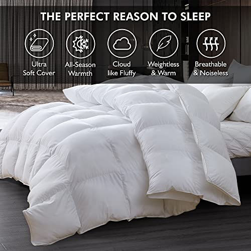 (King) - Luxurious King/California King Size Siberian Goose Down Comforter, 1200 Thread Count 100% Egyptian Cotton 750FP, 1480ml, 1200TC, White Solid