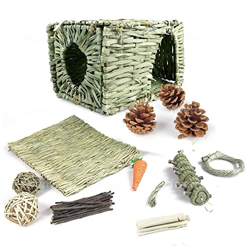 Furtastic Buddy Rabbit Grass House with Straw Mat, Carrot Rabbit Chew Toys, Apple Bark & More- Comfy Foldable Rabbit Hide Out Playhouse- Organic Grass House for Rabbit, Guinea Pig Squirrels- Edible Bunny Hidey House