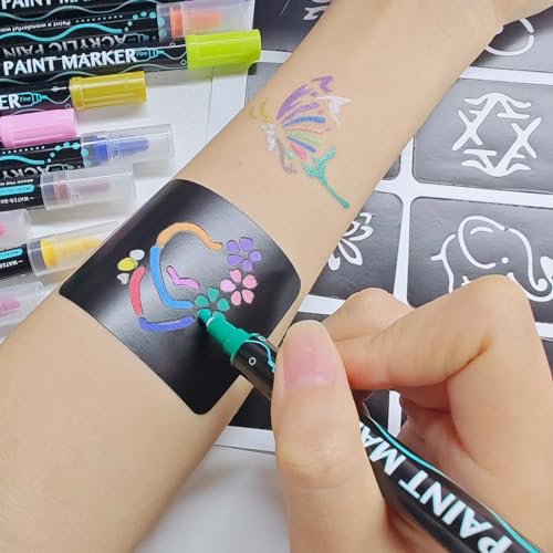 Erinde Temporary Tattoo Markers for Skin, 12 Colors Body Marker Pen + 67  Large Tattoo Stencils for Kids & Adults, Nail Art Polish Pens, Skin-Safe  Dual-End Tattoo Pens for Body & Face Paint