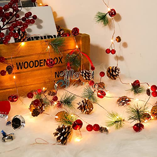 1.9 Meters 20 LED Christmas Garland with Lights, Red Berry Pine Cone Garland Lights Battery Operated, led Garland String Lights, Christmas Decorations for Home, Garland for Fireplace