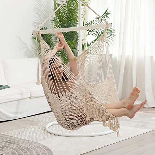 Hammock Chair, Large Hanging Chair, Soft Cotton Rope Swing Chair with High Load-Bearing Metal Rod,Indoor Outdoor Garden Yard Living Room,Max 150kg