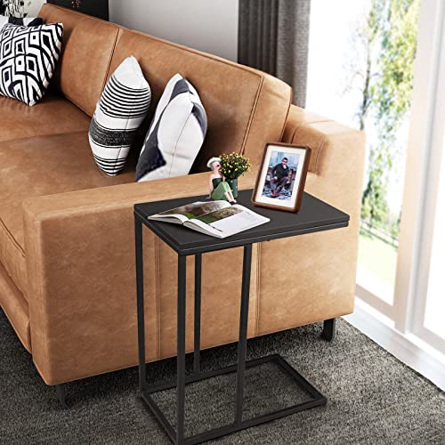 Giantex Industrial Narrow End Side Table, Metal C Shaped Frame and Rectangle MDF Tabletop, Black Wood Couch Side Table Coffee Table, Modern Furniture for Living Room Bedroom