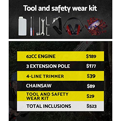 Giantz Pole Saw, 62cc Hedge Trimmer Brush Cutter Poles Tree Pruner Chainsaw Cordless Petrol Hand Power Chainsaws Home Garden Farm Whipper Snipper Tool Saws, 4 Stroke 12" Bar Anti-slip Padding 2 In1