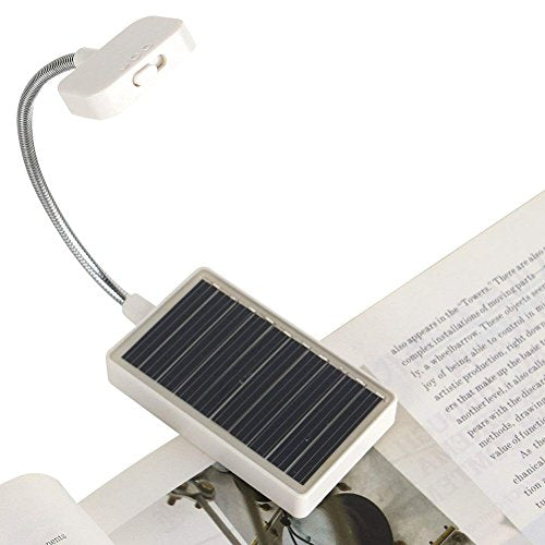 Solar Clip on Book Light Glovion LED Reading Light USB Rechargeable and Solar Powered2 Brightness Settings Flexible Neck& Clip-on-White