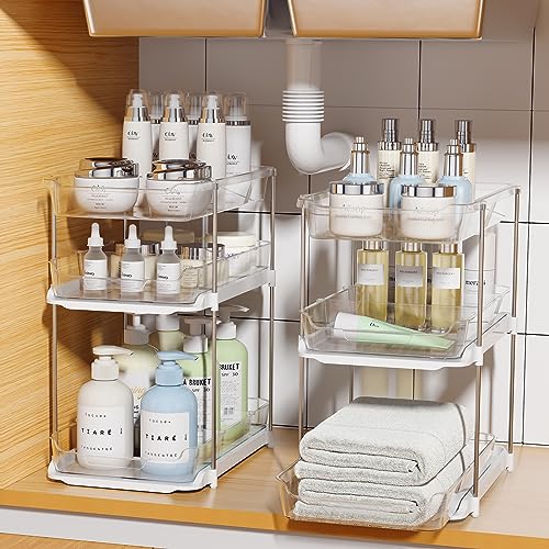 Delamu 2 Sets of 3-Tier Bathroom Under Sink Organizers and Storage, Multi-Purpose Stackable Pantry Organization and Storage, Pull Out Clear Kitchen Bathroom Cabinet Organizer with Movable Dividers